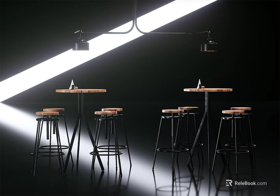 Modern Bar Stools With Metal Frames And Wooden Seats Near Bar Tables Under Pendant Lights 3d model 
