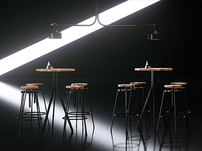 Modern Bar Stools With Metal Frames And Wooden Seats Near Bar Tables Under Pendant Lights 3d model