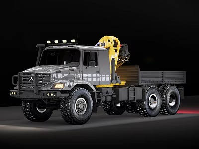 Mercedes-Benz Gray Utility Vehicle with Yellow Crane and Heavy Duty Off-Road Tires 3d model