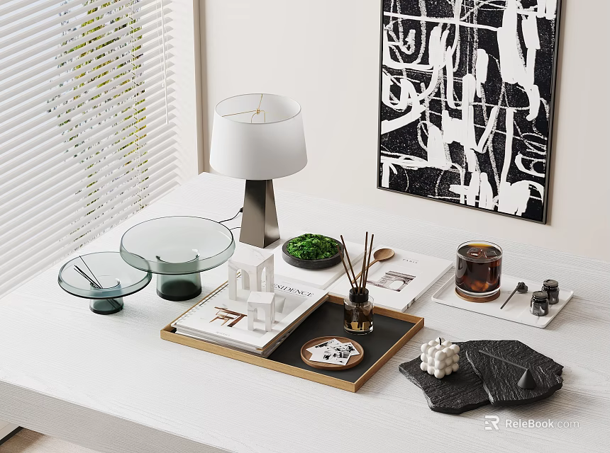 Modern Elegant Decorative Ornaments Set With White Tabletop Lamp Glassware Tray Green Plant Abstract Painting 3d model 
