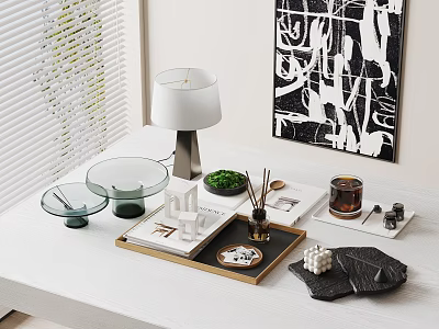 Modern Elegant Decorative Ornaments Set With White Tabletop Lamp Glassware Tray Green Plant Abstract Painting 3d model