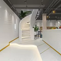 Modern Cafe Interior Design With Green Plants Wooden Shelves And Comfortable Seating