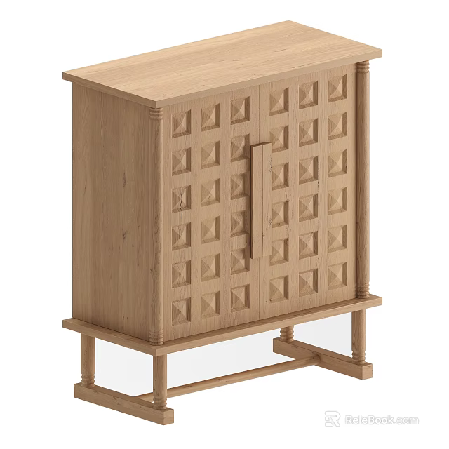 Wooden Decorative Cabinet With Geometric Carved Patterns Natural Finish And Stand Legs For Home Decor 3d model 