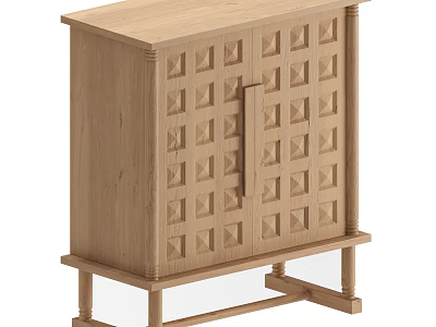 Wooden Decorative Cabinet With Geometric Carved Patterns Natural Finish And Stand Legs For Home Decor 3d model