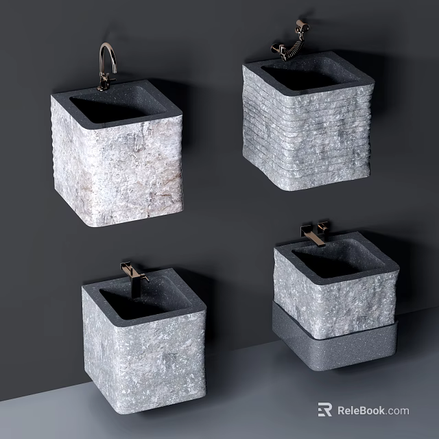 Modern Square Stone Sinks With Gray Texture And Brass Faucets Design 3d model 