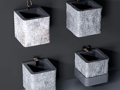 Modern Square Stone Sinks With Gray Texture And Brass Faucets Design 3d model