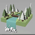 Natural Landscape With Green Platform Snowy Pine Trees Blue River Wooden Bridge And Waterfall Foam