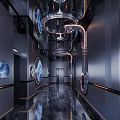 Futuristic KTV Corridor With Metallic Pipes Marble Floor And Modern Lighting