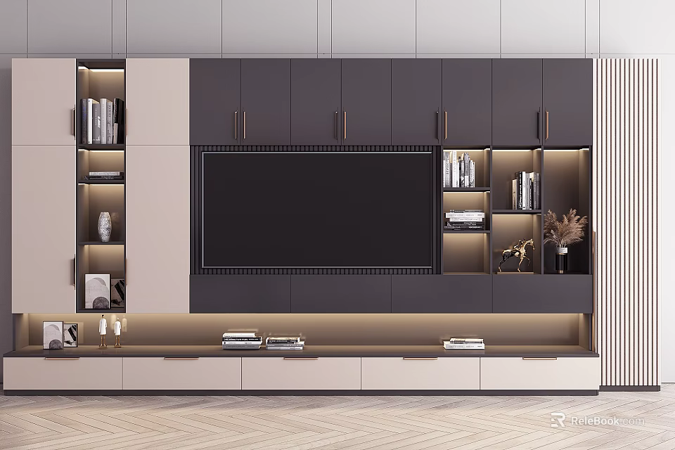Modern TV Wall Unit Interior Design With Storage Compartments LED Lighting And Decorative Shelves 3d model 