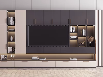 Modern TV Wall Unit Interior Design With Storage Compartments LED Lighting And Decorative Shelves 3d model