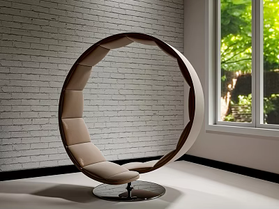 Modern Circular Single Chair With Beige Padded Seat And Metal Base By Brick Wall Window 3d model