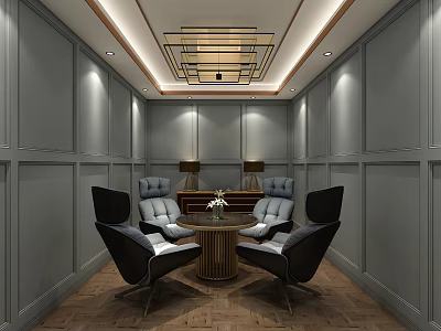 Elegant Leisure Area With Gray Walls Wooden Flooring Round Table And Chairs 3d model