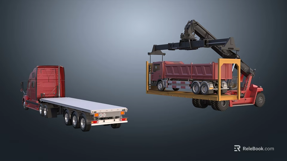 Industrial Equipment Operation With Red Crane Lifting Dump Truck And Flatbed Truck 3d model 