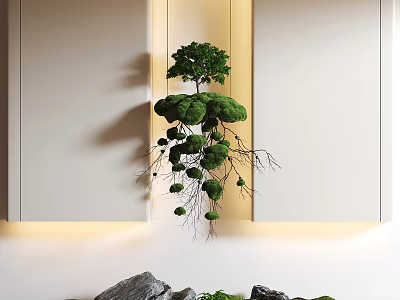 Elegant Modern Background Wall Design With Green Moss Small Tree Hanging Roots And Soft Lighting 3d model