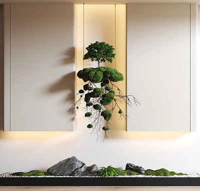 Elegant Modern Background Wall Design With Green Moss Small Tree Hanging Roots And Soft Lighting 3d model