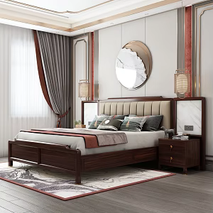 New Chinese background double bed side overlooking 3d model