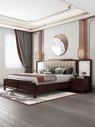 New Chinese background double bed side overlooking 3d model