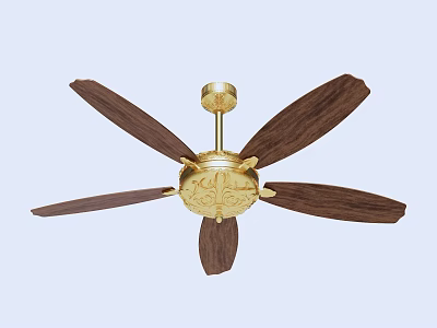 Decorative Golden Air Conditioner Fan With Wooden Blades And Ceiling Mounted Design 3d model