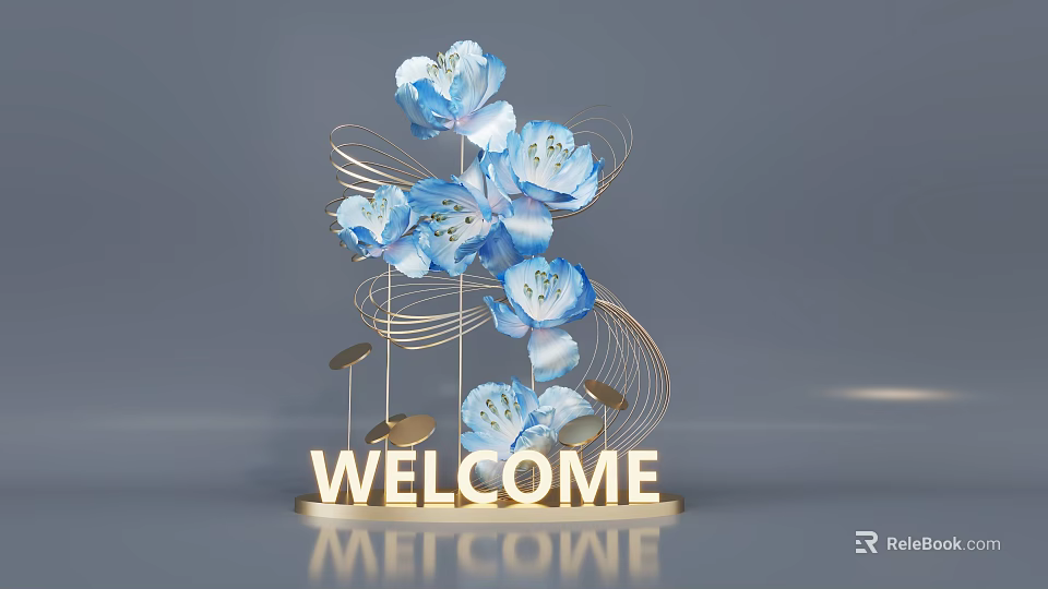 Photo Spot With Blue Flowers Golden Metal Decor And Welcome Sign 3d model 