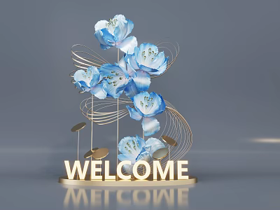 Photo Spot With Blue Flowers Golden Metal Decor And Welcome Sign 3d model