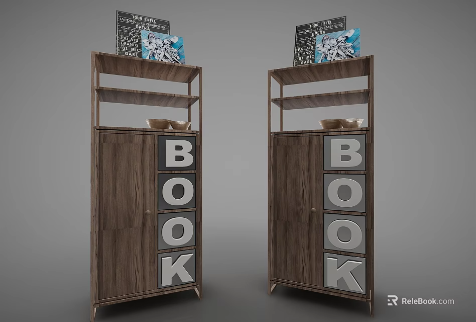 Brown Wooden Decorative Cabinets With BOOK Letters And Books On Shelves 3d model 