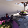 Modern Landscape Seat With Purple Arch Welcome Sign And Patterned Floor Pathway