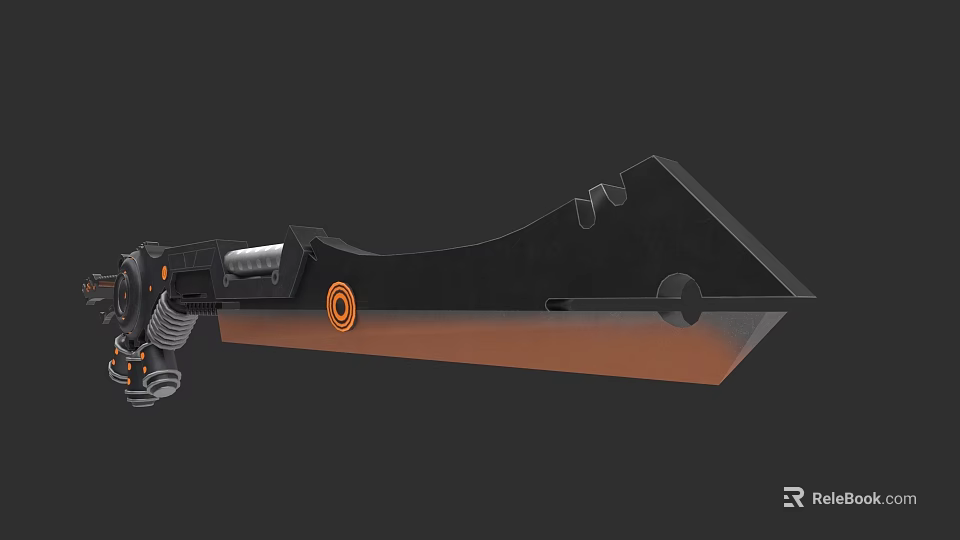 Mechanical Black Weapon Featuring Large Blade and Orange Circular Accents Design 3d model 