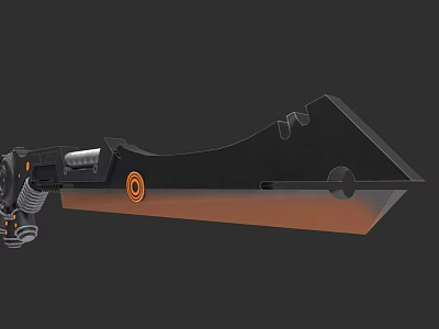 Mechanical Black Weapon Featuring Large Blade and Orange Circular Accents Design 3d model