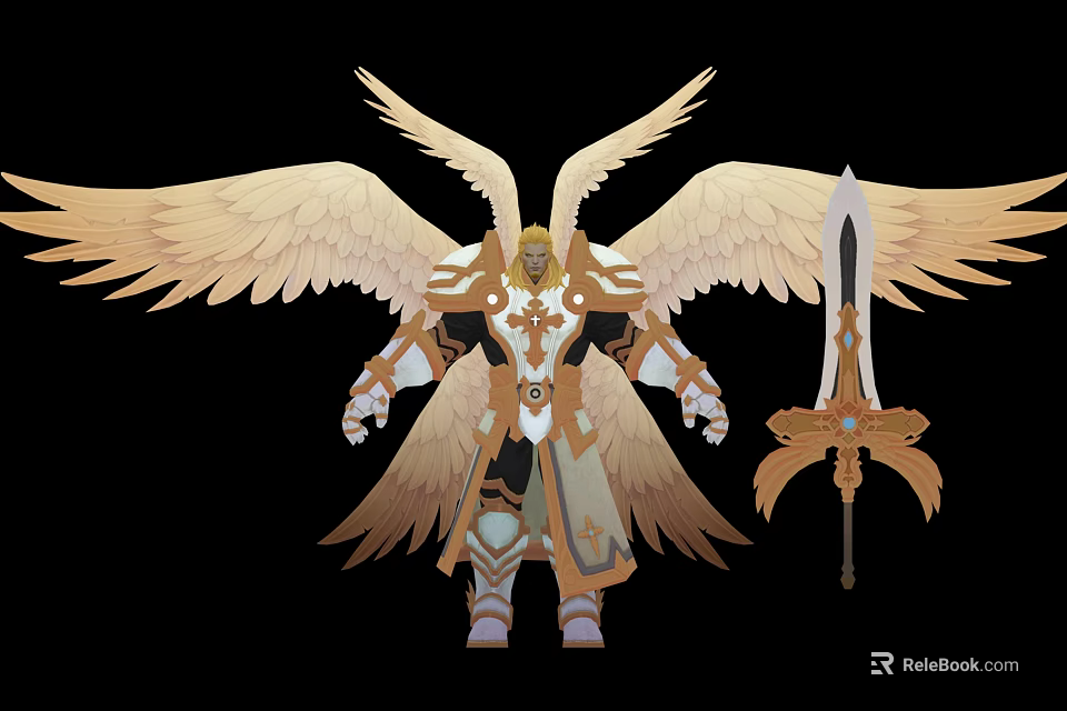 Divine Warrior Game Character With Golden Wings Armor And Sacred Sword 3d model 