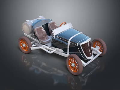 Classic Vintage Open Top Roadster Featuring Brown Seats Orange Wheels And Black Blue Body 3d model