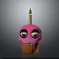 Pink Cupcake With Cartoon Face Eyes Eyelashes And Striped Candle With Yellow Flame