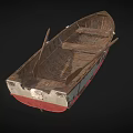 Vintage Weathered Wooden Boat With Aged Planks And Red Bottom Details