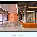 Modern Restaurant Interior With Golden Lines Red Bar Counter Booths And City View Windows