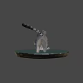 Cartoon Style Striped Gray Kitten Playing With Table Lamp And Ball On Green Platform