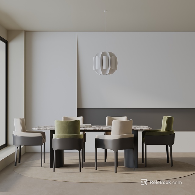 Modern Dining Table Set With Marble Top Stylish Chairs And Minimalist Pendant Light 3d model 