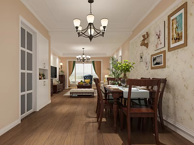 Dining Living Room Interior With Open Layout Chandelier Table Chairs Floral Wallpaper And Natural Light 3d model