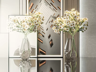 Transparent Glass Vases With White Small Flowers On Smooth Black Tabletop And Geometric Art 3d model