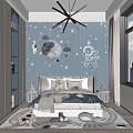 Starry Theme Kids Room Decor With Moon Stars Astronaut Clouds Bed Pillows Rug And Toys