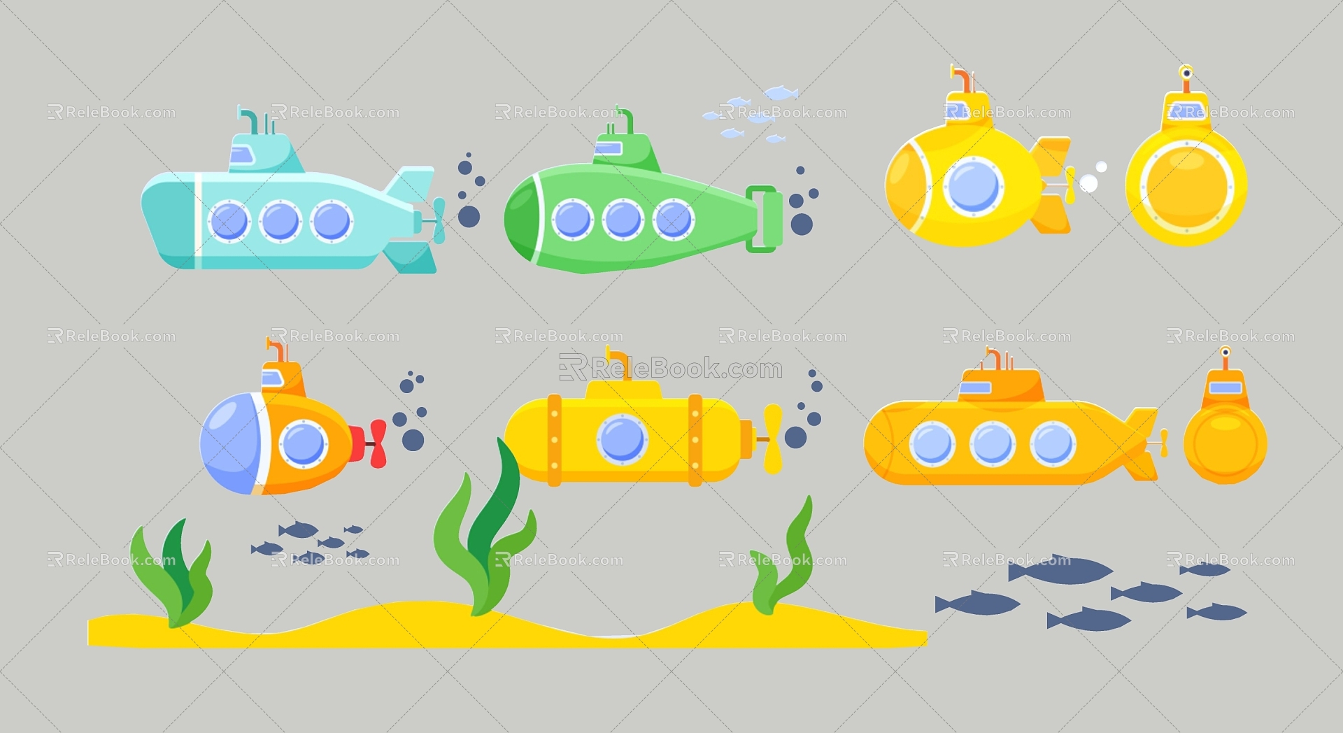 Modern 2D Submarine Submarine Sightseeing Illustration Silhouette 3d model