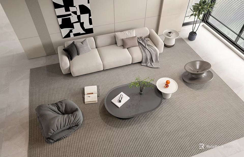 Modern Sofa and Coffee Table Set with Throw Pillows Blanket and Geometric Wall Art 3d model