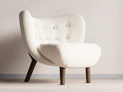 White Upholstered Single Sofa With Button Tufted Curved Back And Wooden Legs 3d model