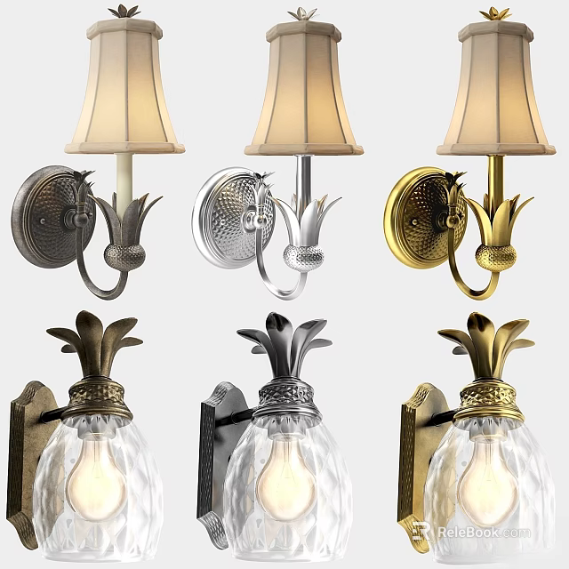 Elegant Wall Lamps With Gold Silver Black Bases Pineapple Accents Cream Shades Clear Bulbs 3d model 