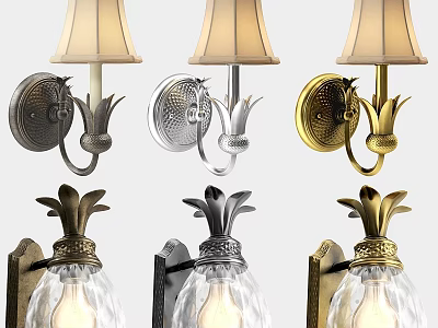 Elegant Wall Lamps With Gold Silver Black Bases Pineapple Accents Cream Shades Clear Bulbs 3d model