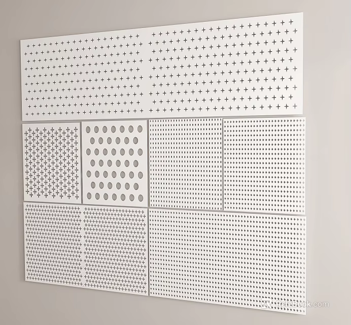 Perforated White Building Components Featuring Various Hole Patterns And Panel Designs 3d model 