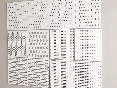 Perforated White Building Components Featuring Various Hole Patterns And Panel Designs 3d model