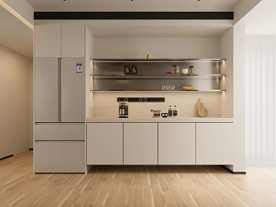 Modern White Sideboard Design With Open Shelves And Storage Cabinets 3d model