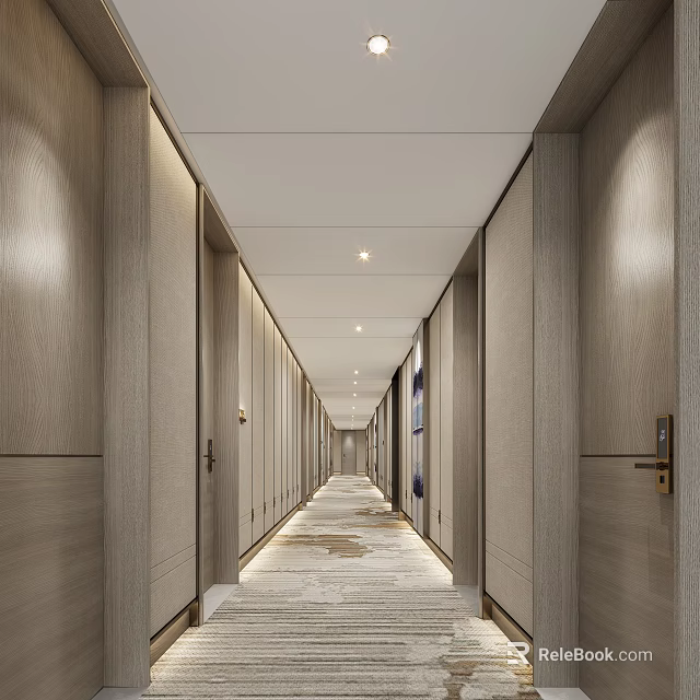 Modern Elevator Corridor With Wooden Walls Ceiling Lights And Carpet 3d model 