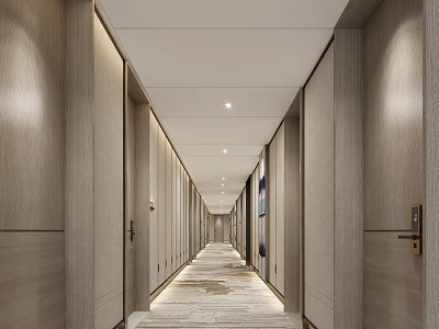 Modern Elevator Corridor With Wooden Walls Ceiling Lights And Carpet 3d model