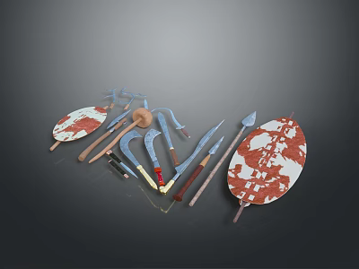 Collection of Traditional Decorative Weapons Featuring Shields Spears Axes and Hooks 3d model