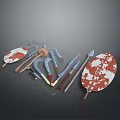 Collection of Traditional Decorative Weapons Featuring Shields Spears Axes and Hooks